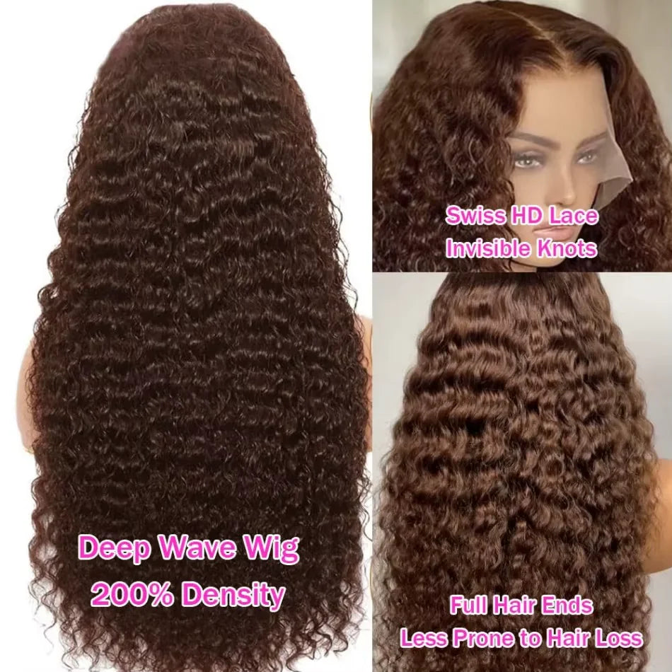 250%Density Chocolate Brown Curly Wigs, 13x6 HD Lace Front Human Hair Deep