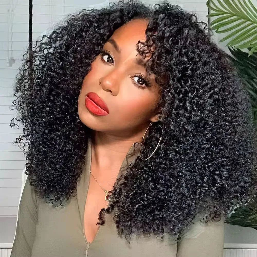 Density Afro Kink Curly Half Wig Human Hair Breathable Machine Made 3In1