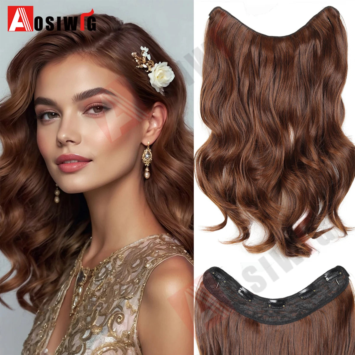 20Inch Synthetic Long Wavy Curly 5 Clip in Hair Extension Fashion Invisible V-shaped Heat Resistant Black Hairpiece