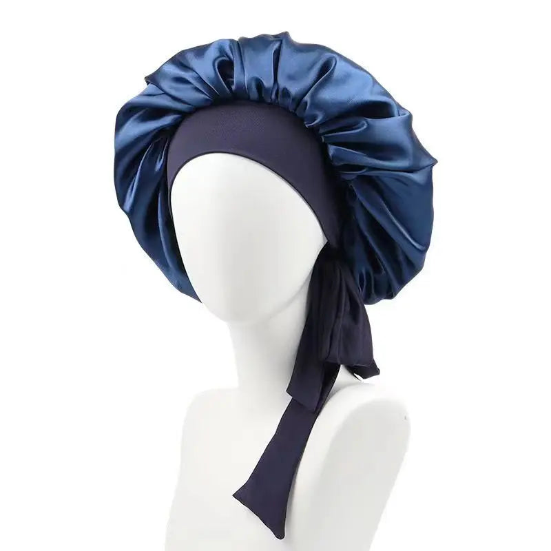 Sleeping Cap-Elastic Band Silk Hair Bonnets Sleeping Cap With Wide Edge Ribbon-Hair Protection Turban Head Wraps