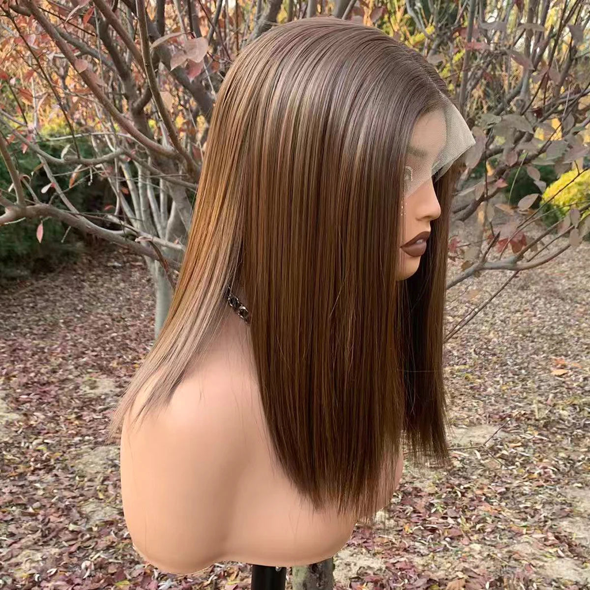 Light Brown Bob Wig, 13x4 Glueless Synthetic Lace Front 150%Density 14inch Short