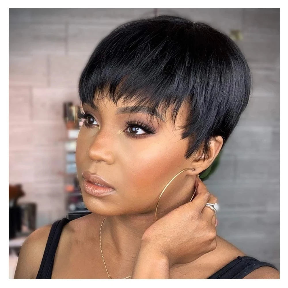 Short Brown Wig Human Hair Pixie Cut Chocolate Duby Full Machine
