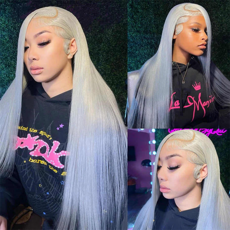 13x6 Silver Grey Straight Lace Front Human Hair Wigs Pre Plucked 613