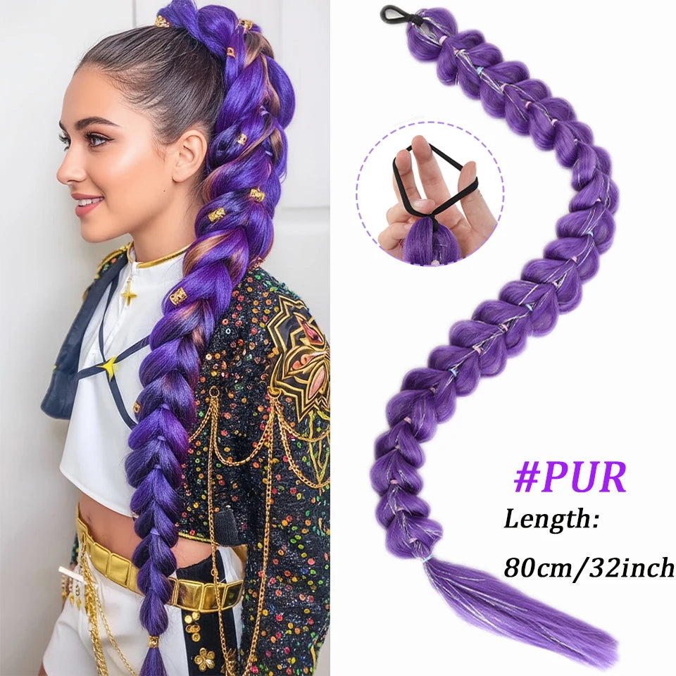Purple Braided Synthetic Ponytail Extension, 28 Inch, Claw Clip