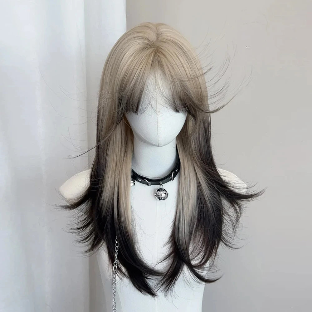 Ombre Blonde Black Synthetic Layered Wig Lolita Cosplay Daily Party Long Straight