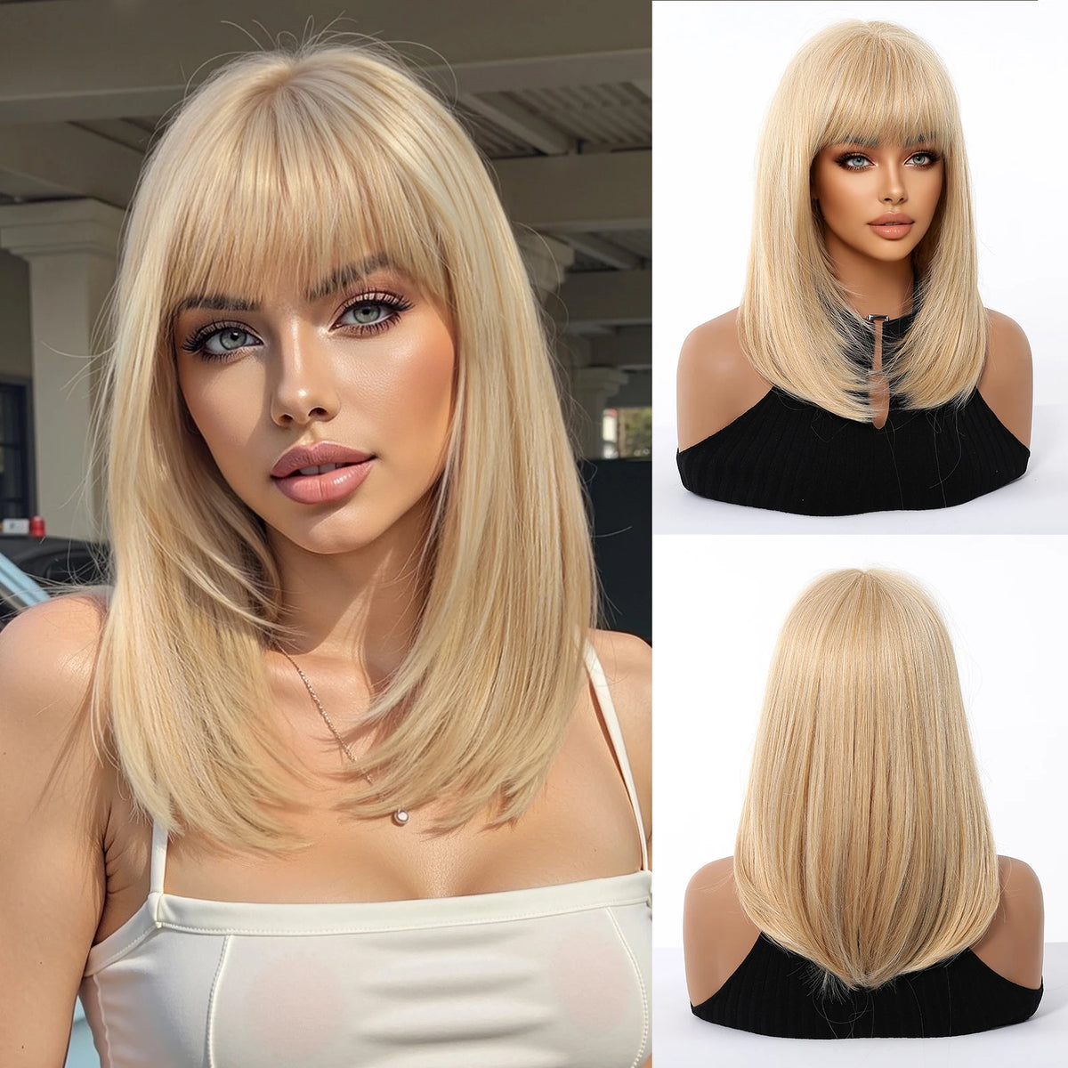 Blonde Straight Synthetic Wigs Bang Medium Length Natural Hair Daily Cosplay Heat