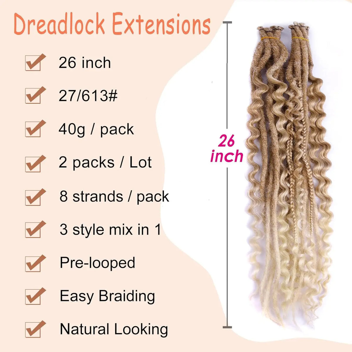 Synthetic 16Strands/Lot SE Dreadlocks Braids 24 Inch Hair Extensions, 3 In 1 Mixed Hippie Style Single End Dreadslocks