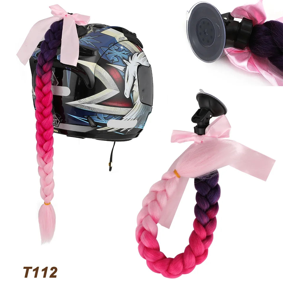 Synthetic Helmet Pigtails Gradient Ramp Braids Ponytail Hair Suction Cup Bowknot Motor