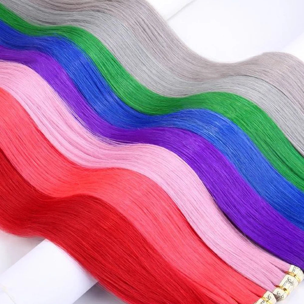 Synthetic Tape in Hair Extensions Straight Mini Ins Invisible Adhesive Colored