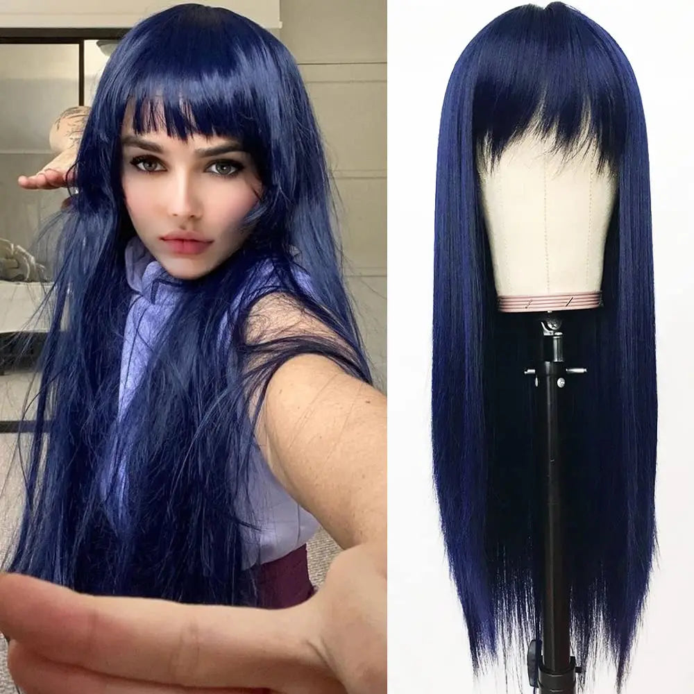 Dark Blue Synthetic Hair Wigs Bangs Navy Long Straight Women's Heat Resistant