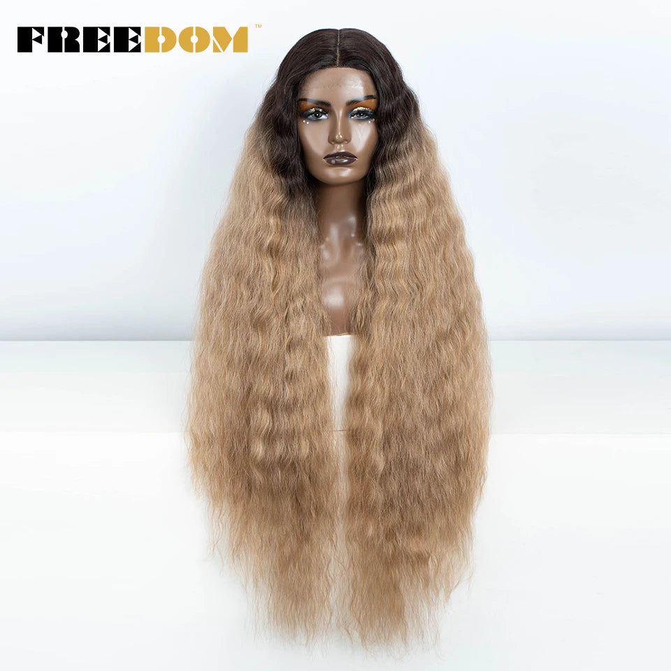 Synthetic Lace Frontal Wig Long Curly Ombre Brown Highlight Ginger White Pink