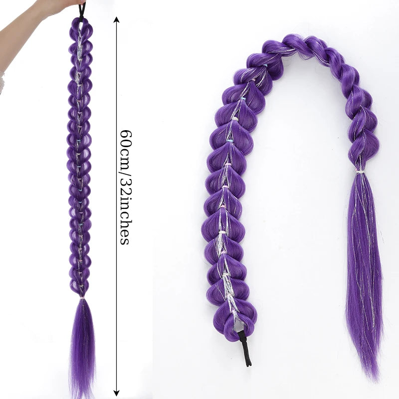 32inch Braided Purple Hair Ponytail Tinsel Wig Super Long Extensions Shiny Kids