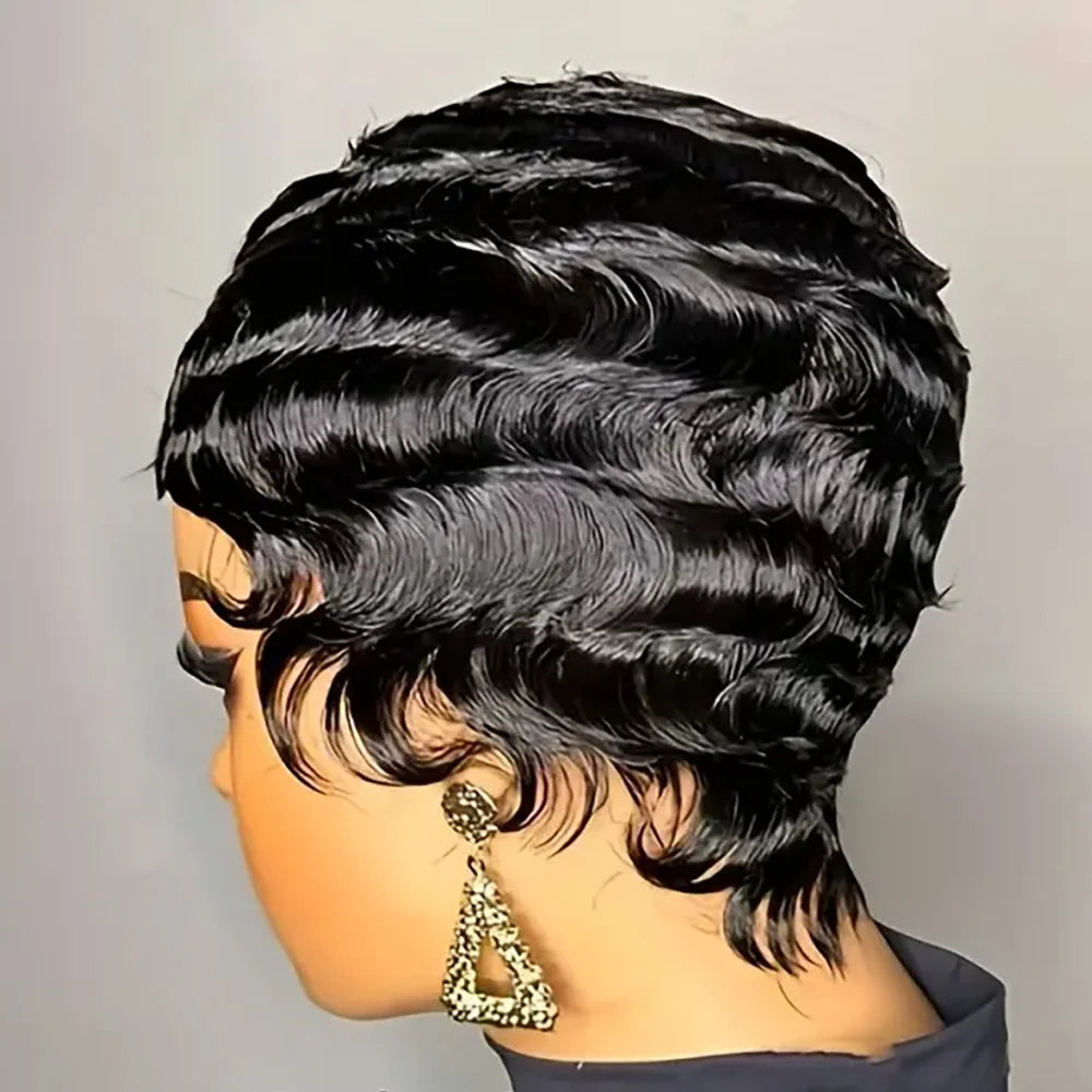 Short Pixie Cut Human Hair Wig, Finger Ocean Wave, Full Machine Made