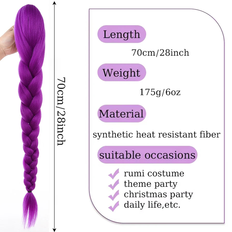 Purple Braided Synthetic Ponytail Extension, 28 Inch, Claw Clip