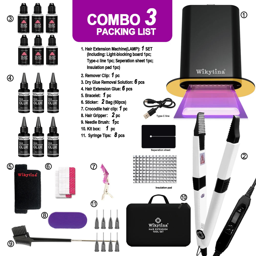 UV Light Hair Extension Machine Combo Salon Kit with Glue Remover Tools, Invisible Bonding