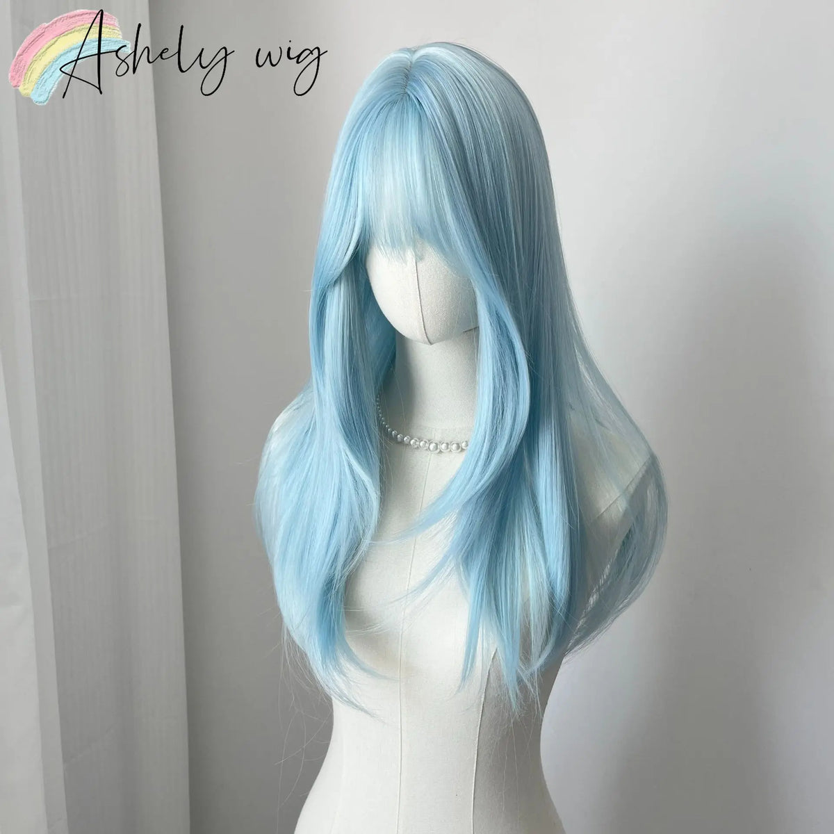 Lce Blue Wig Bangs 22inch Middle Straight Hair Lolita Nature Looking Headband