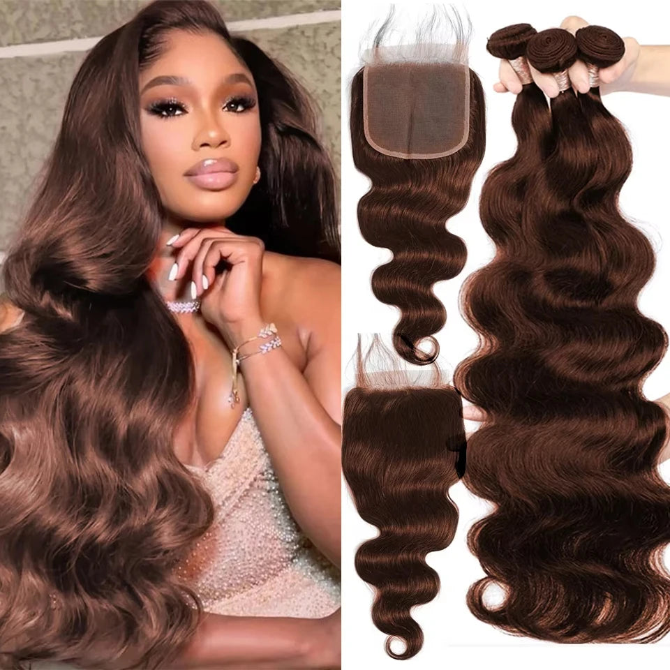 Chocolate Brown Colored Body Wave Human Hair Bundles 4x4/5x5/13x4 Closure Frontal Remy