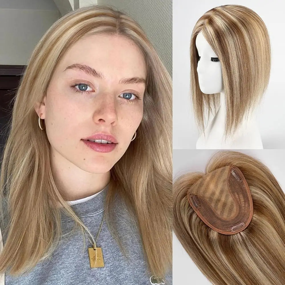 Straight Real Human Hair Topper No Bangs 5"*5.5" Base Brown Blonde Highlights