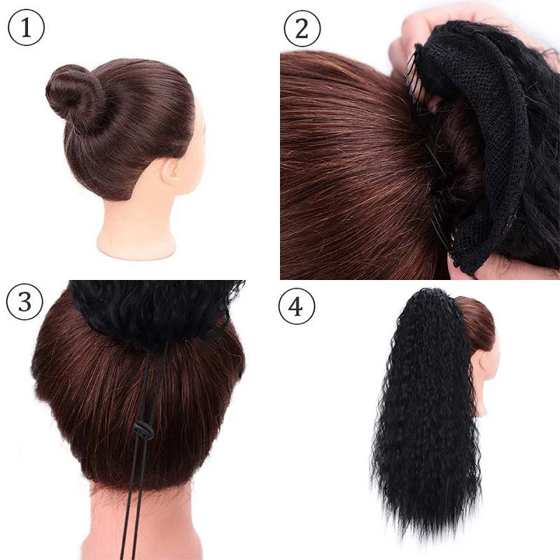22Inch Synthetic Long Kinky Curly Ponytail Hair Extension Drawstring Wrapped Clip in Hair Black Hairpiece