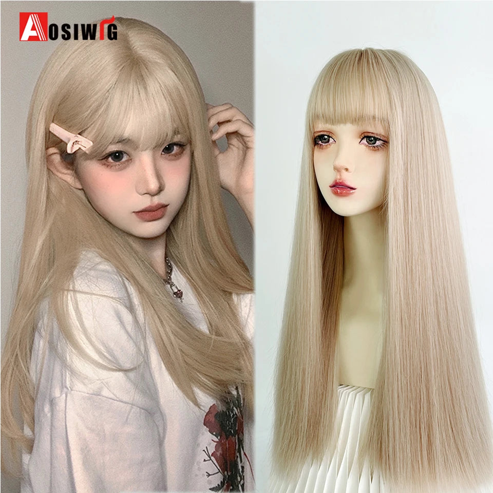 Blonde Twin Ponytail Princess Cut Natural Short Hair Synthetic Wigs Bangs Heat