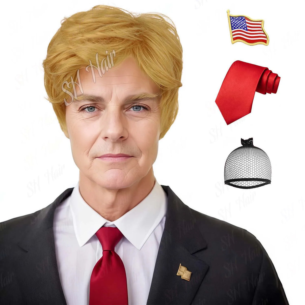 Synthetic Blonde Costume Wig + Flag Pin Red Tie Adults Layered Cosplay