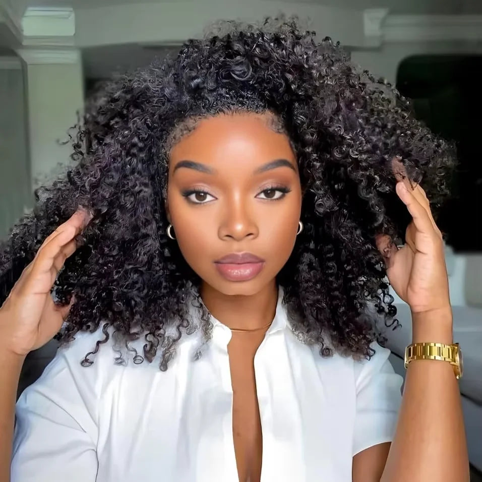 Afro Kinky Curly Human Hair Headband Wig — Glueless 3-in-1 Half Wig, 300% Density
