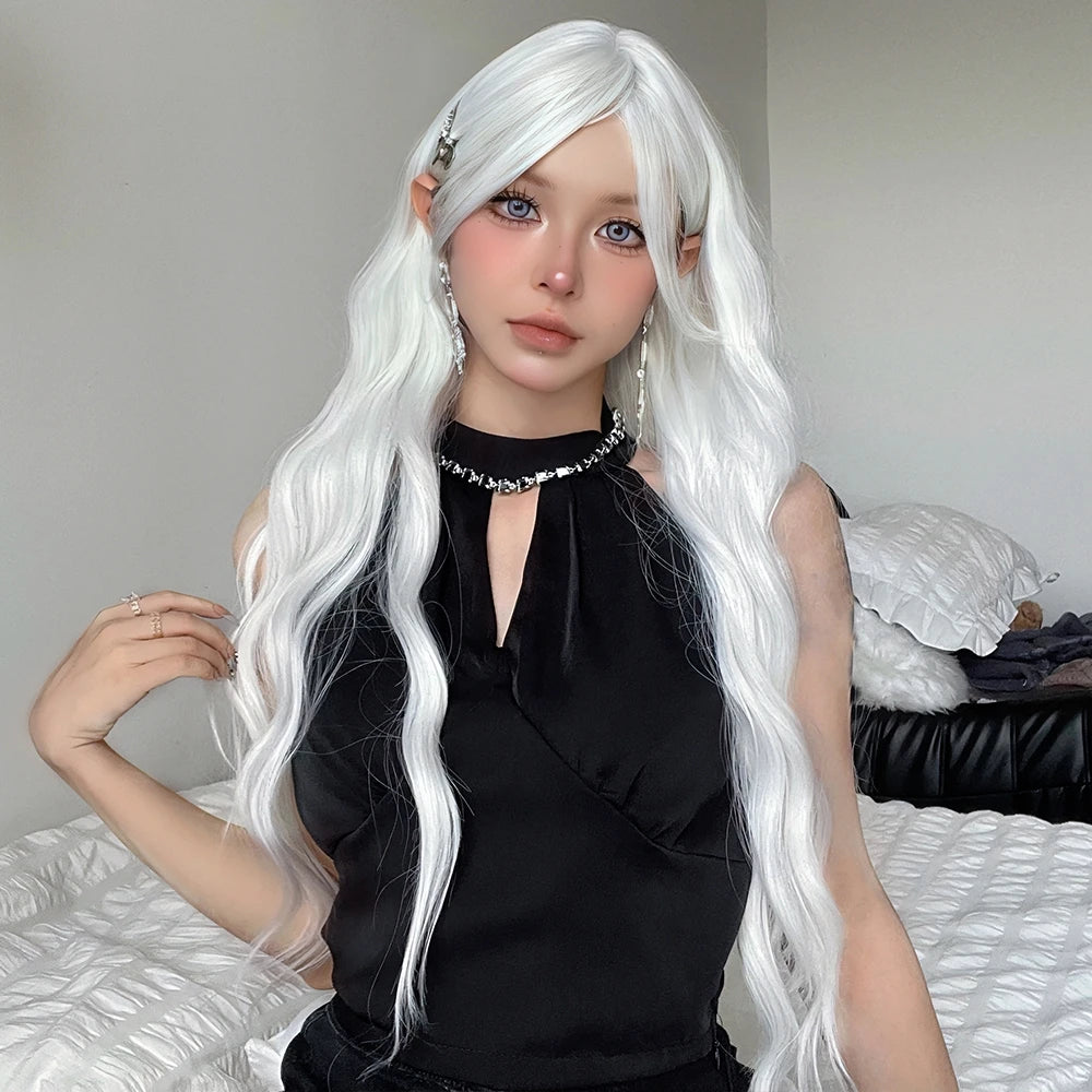 Long Water Wave Wig Bangs White Colorful Cosplay Silky Daily Party Natural