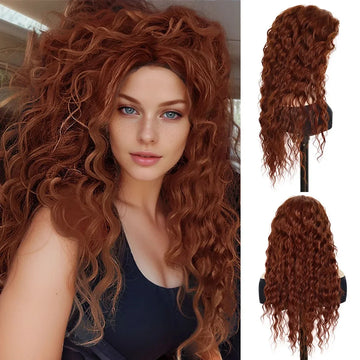 Reddish Brown Wig Synthetic Hair Glueless Curly Heat Resistant Auburn Deep Wave