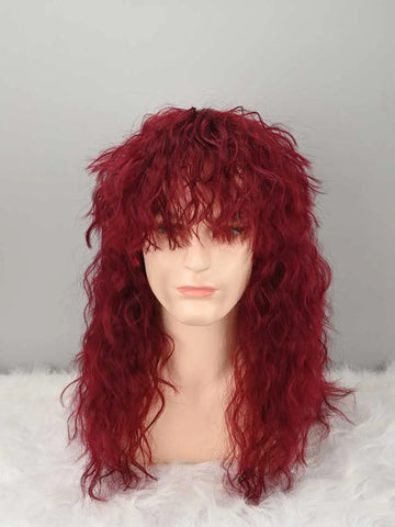 Long Curly Wine Red Gradient White Wig 70s 80s Rocker Mullet Party