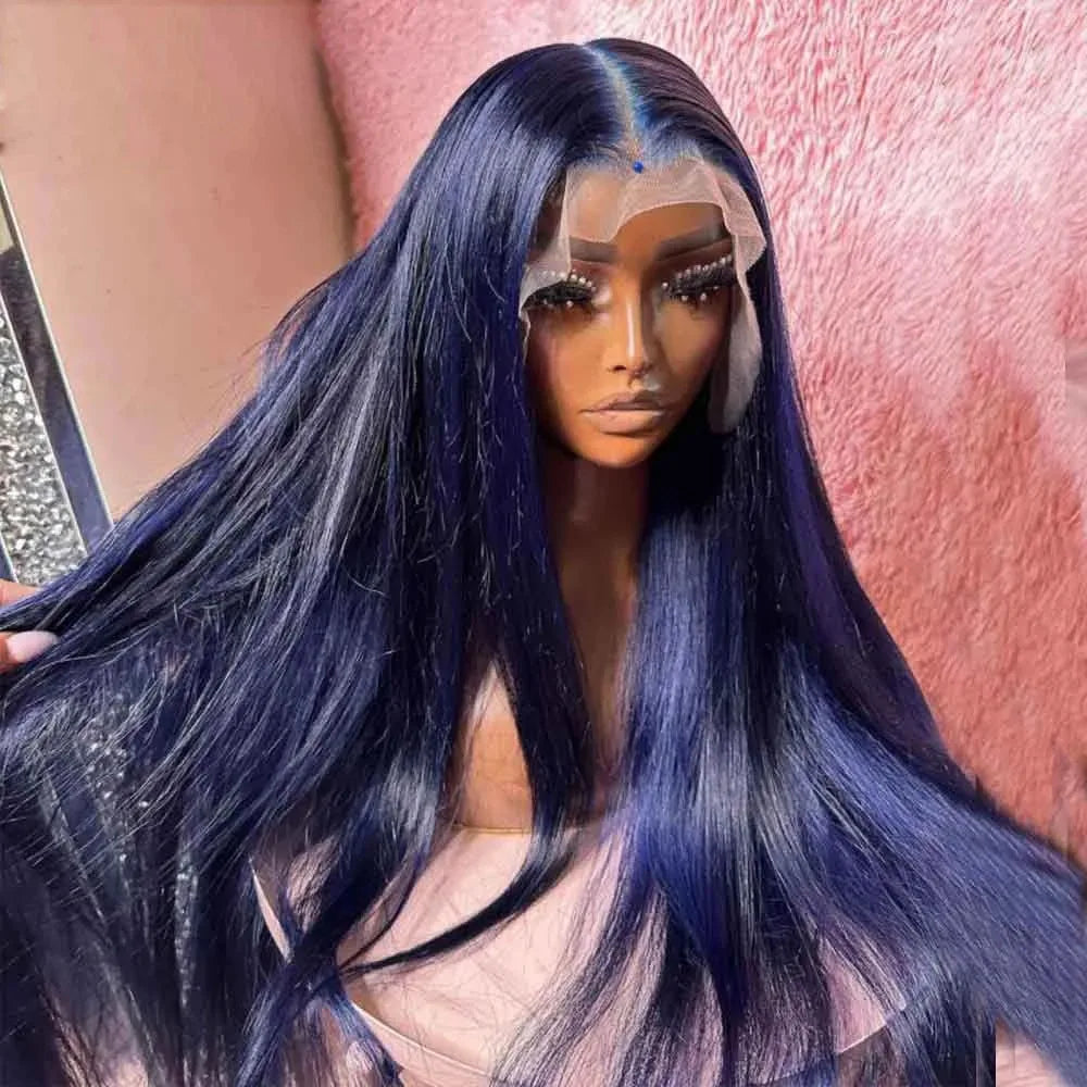 Midnight Blue Wig Long Straight Lace Fornt, 13x4 HD Glueless Synthetic Blend