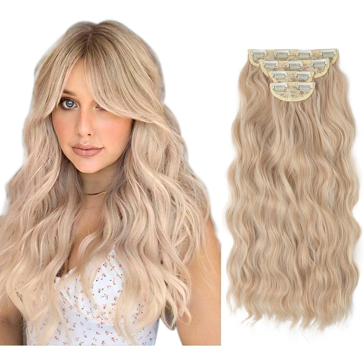 Synthetic Long Wavy Clip in Hair Extensions 22" Thick Hairpiece Brown Blonde