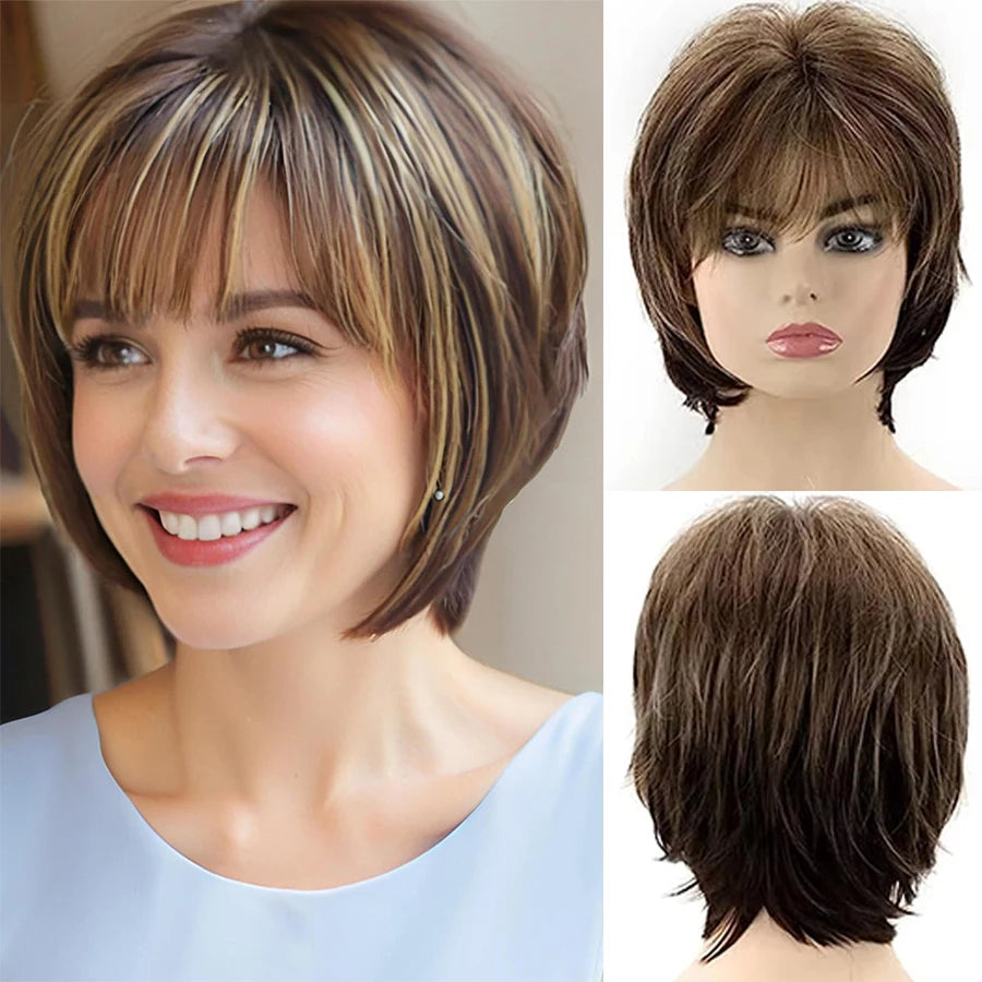 Brown Short Layered Pixie Cut with Blonde Highlights Natural Looking Synthetic Hair