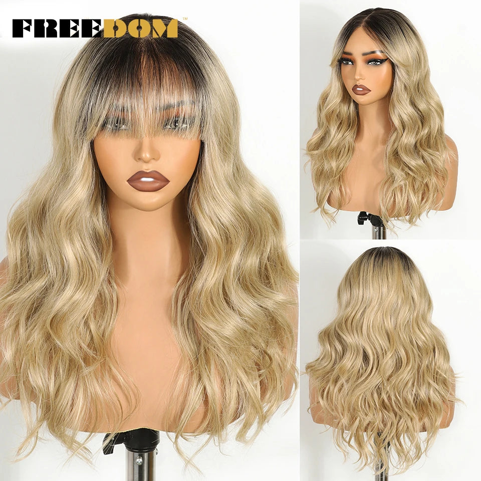 Synthetic Lace Front Wigs 20" Ombre Brown Body Wave, 6x4 Bangs Heat