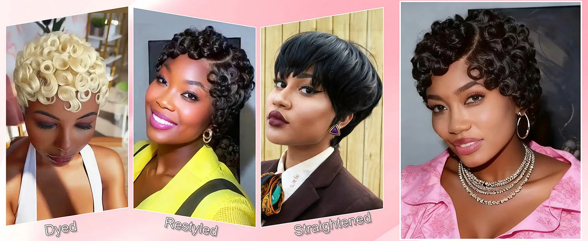 Curly Pixie Cut 13x4 Lace Front Wig, Human Hair, Short Layered Glueless Wig, Pre Plucked with Bangs, Natural Black
