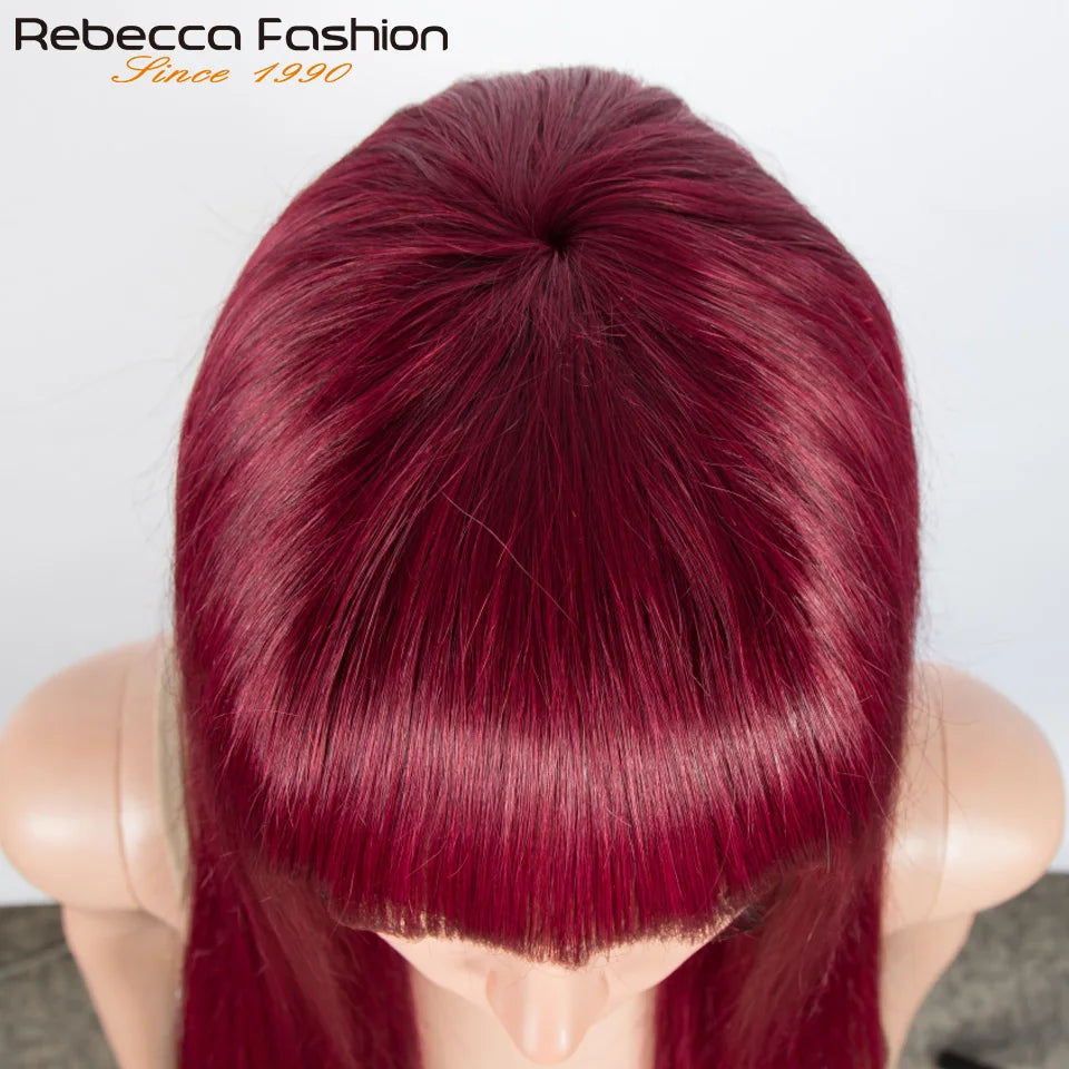 Brazilian Straight Human Hair Wigs Bangs Burgendy Put On Go, 100% Remy