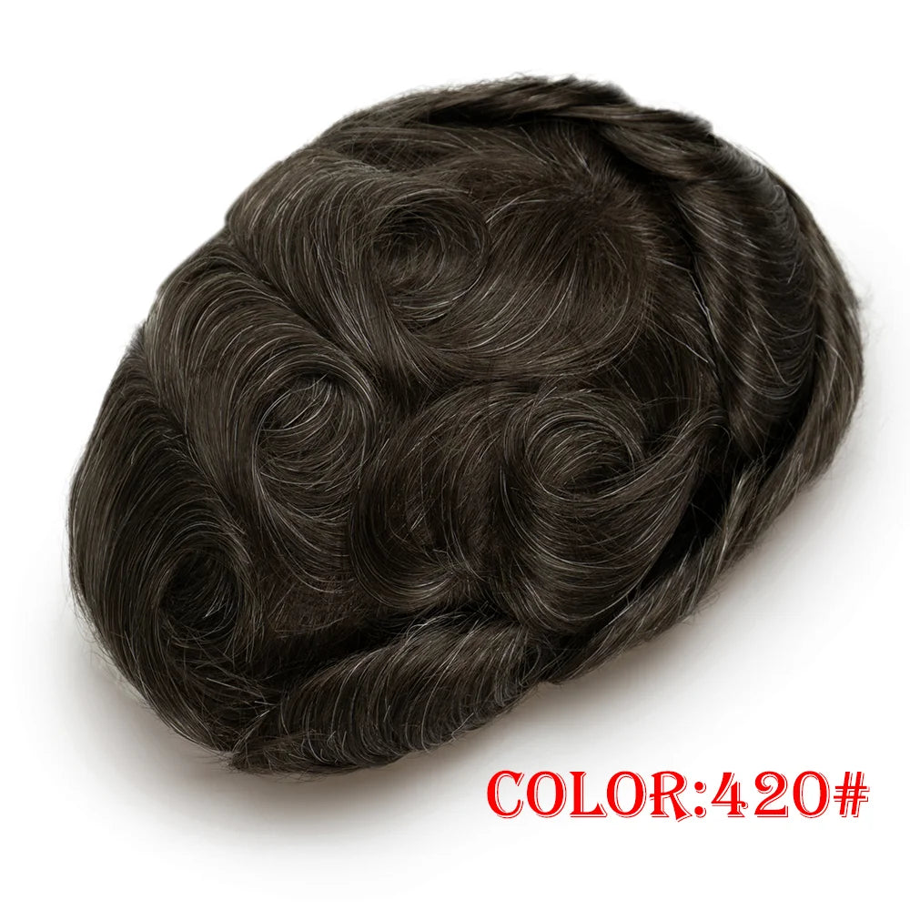 Lace with PU Men Toupee Hair Prosthesis Breathable Natural Human Hair Toupee Wig