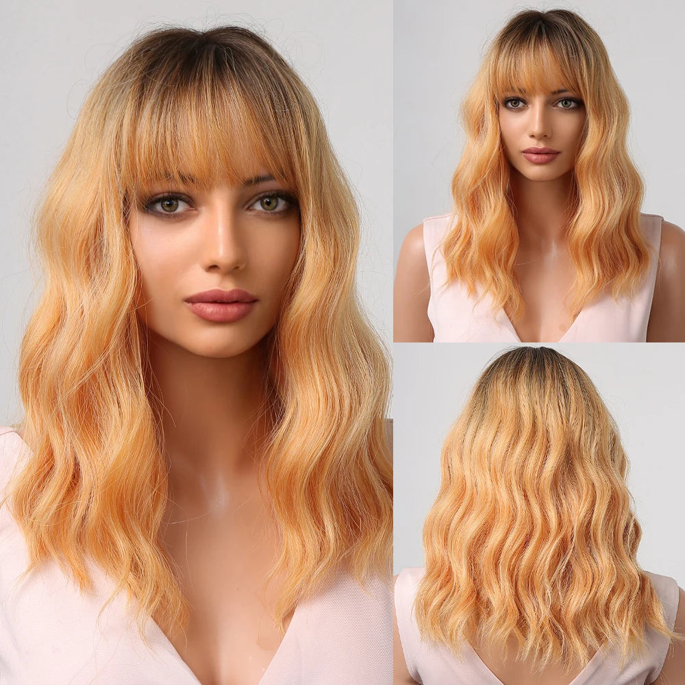 Pink BOBO Synthetic Wigs Short Natural Wave Hair Wig Party Daily High Density Heat Resistant