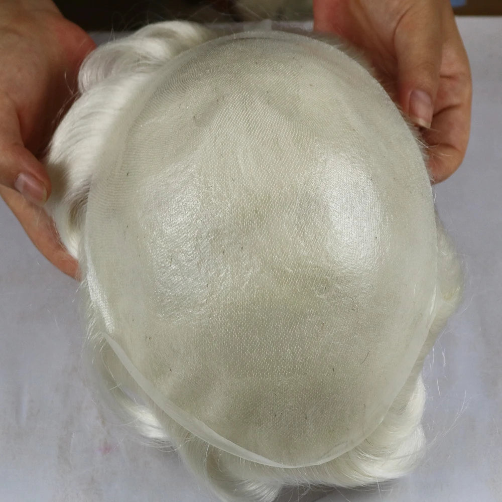 Men's Platinum Blonde 100% Human Hair V-looped PU 120-130% Density Toupee for Men 0.06-0.08mm Skin Base Hair Prosthesis System