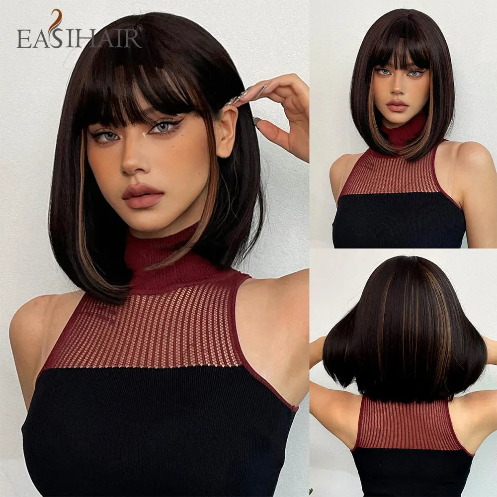 Short Straight Synthetic Wigs Bangs Dark Brown Black Bob Daily Cosplay Party