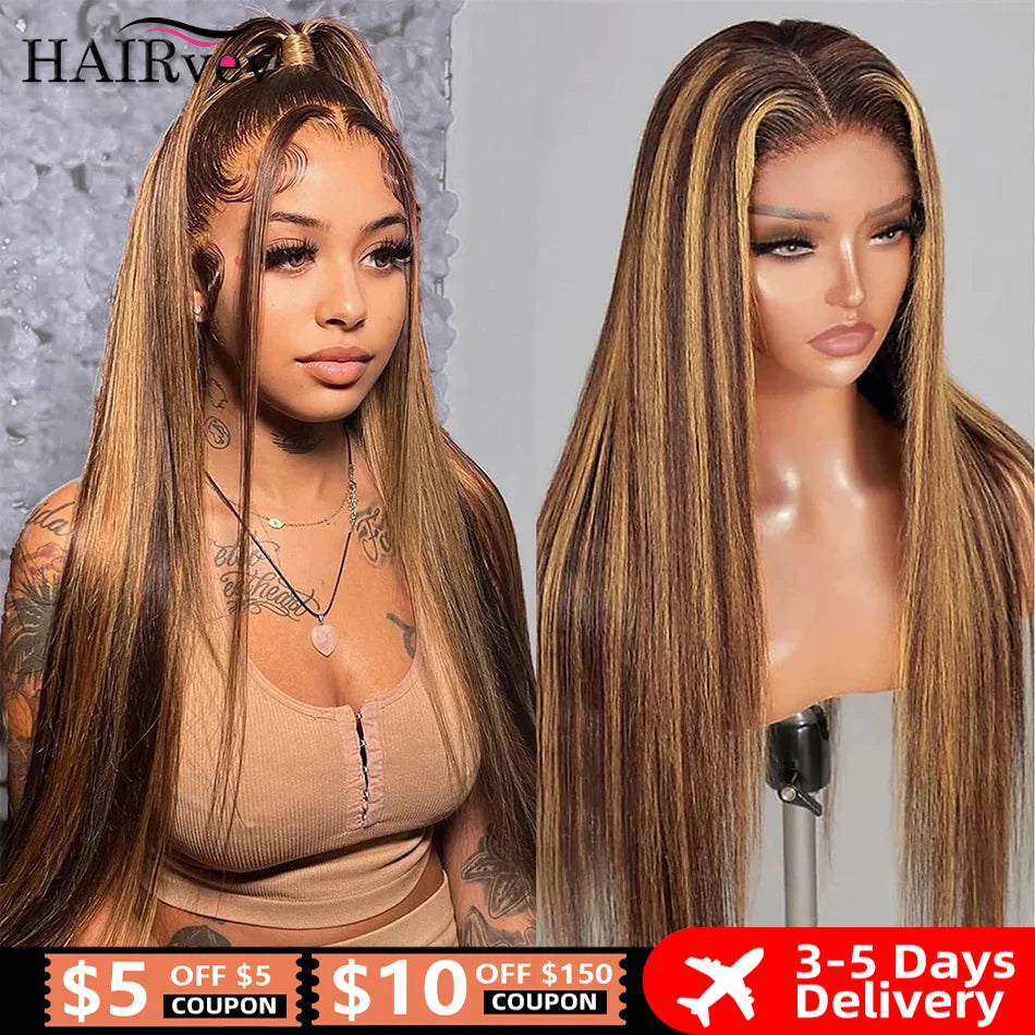Brazilian Highlight Human Hair Lace Front Wig, Honey Blonde Straight, 13x4 13x6 HD Lace