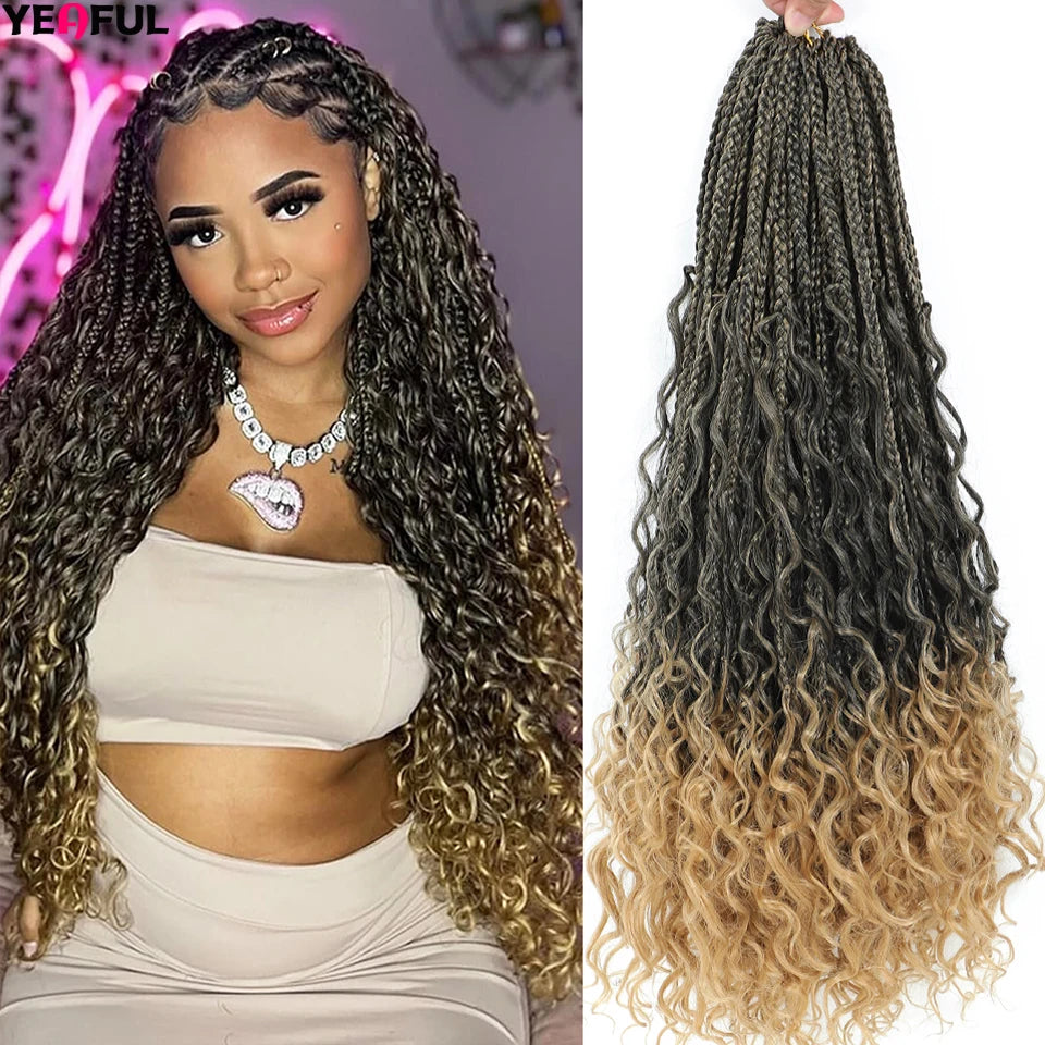 Ombre Goddess Box Braids Crochet Hair Dark Brown Chocolate Ginger Bohemian Curly