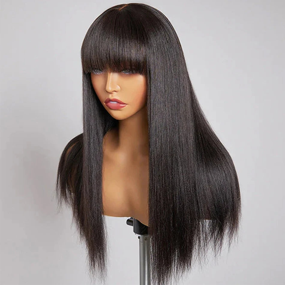 Straight Wigs Bangs Human Hair None Lace Front Brazilian Virgin Glueless Machine