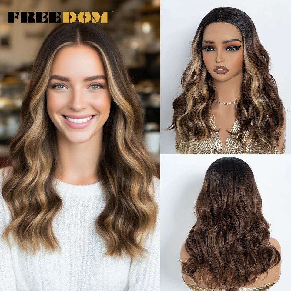 Highlight Synthetic Lace Front Wigs Natural Curly Wavy Ombre Brown Blonde Cosplay