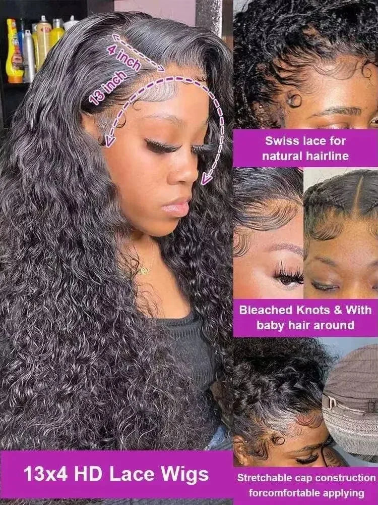 13x4 Brazilian Deep Wave Curly HD Lace Frontal Human Hair Wig, Pre-Plucked