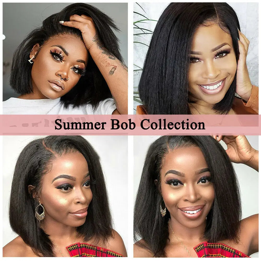 Kinky Straight Short Bob Human Hair Wig, 13x4 HD Transparent Lace Frontal, Glueless