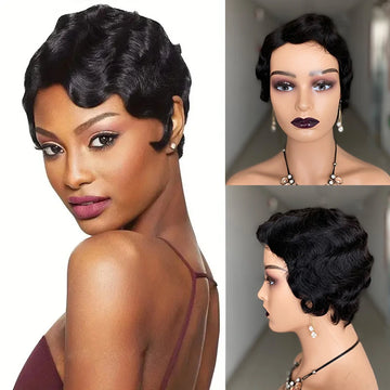 Short Finger Wave Wig Brazilian Human Hair Brown Ocean Peruca Burgundy Pixie