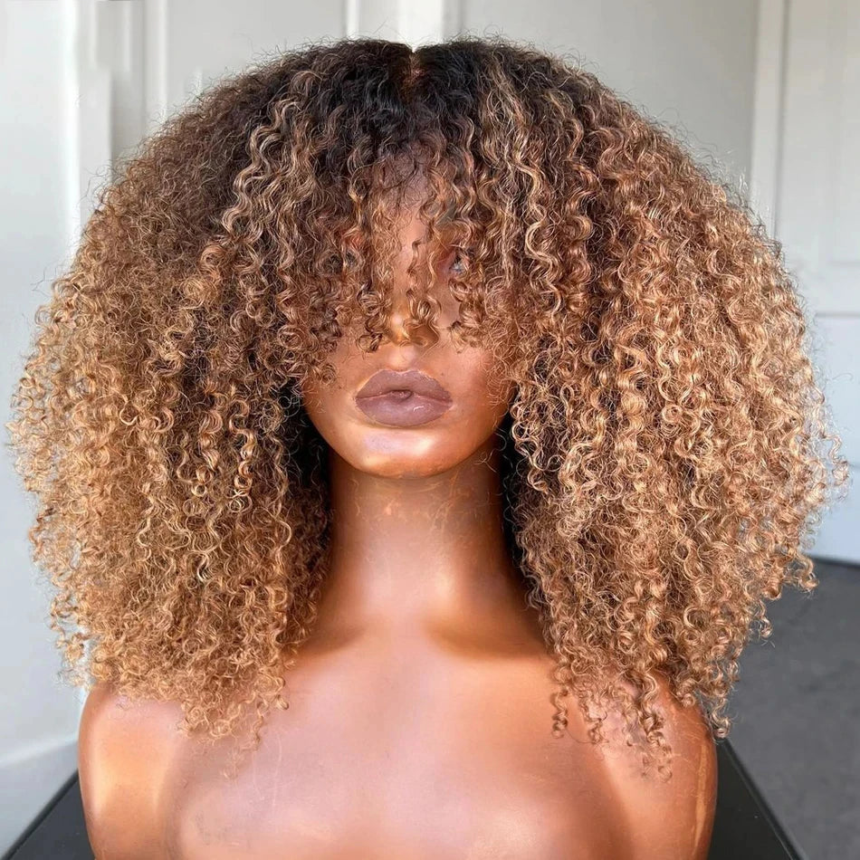 Chocolate Brown Afro Kinky Curly Hair Short Bob Wig Ombre, 100% Human