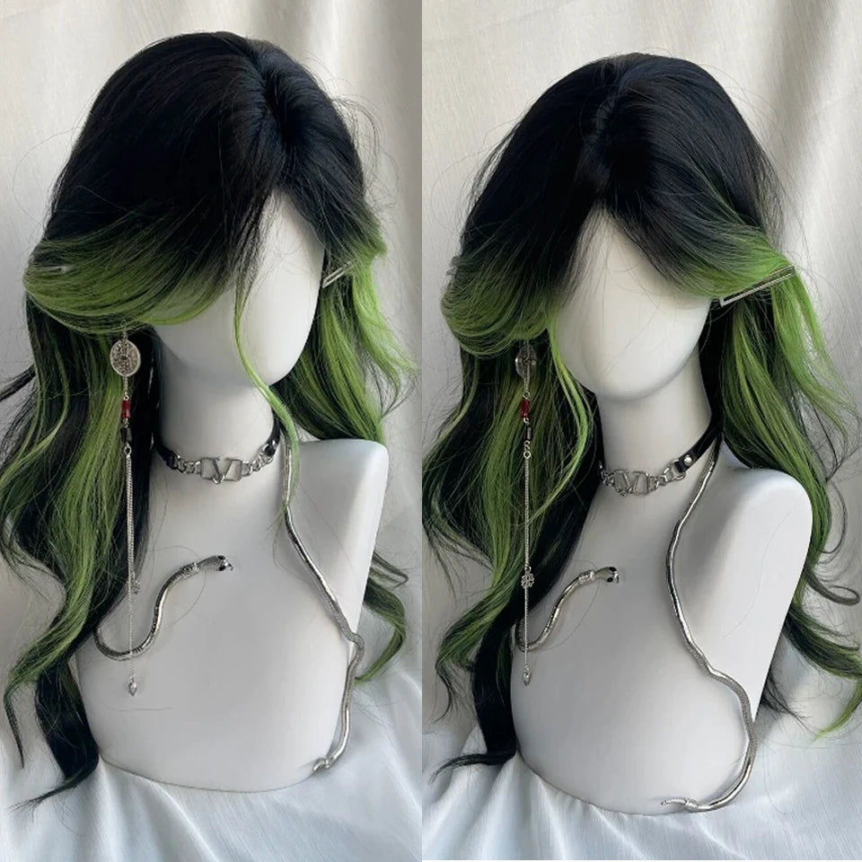 Black Highlight Purple Synthetic Wig Cosplay Long Wavy Layered Bangs Heat Resistant