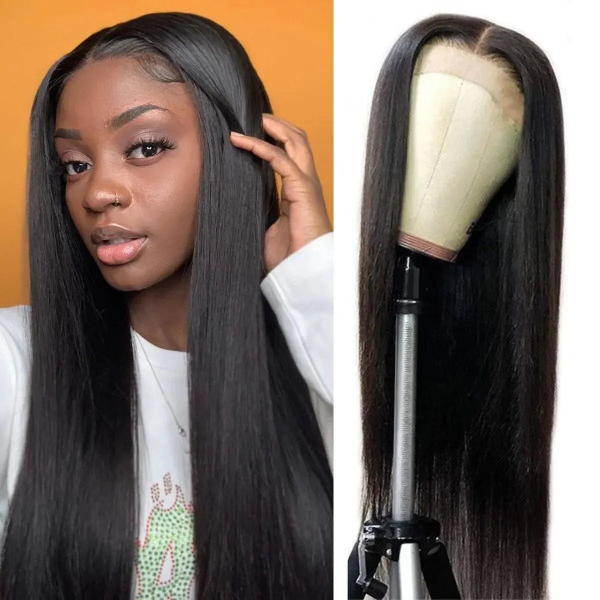 Straight Black Synthetic HD Lace Front Wig, Glueless, Heat Resistant, Pre-Plucked
