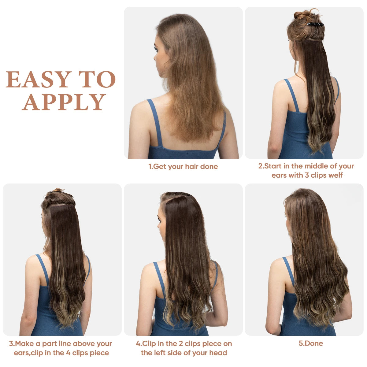 Synthetic Long Wavy Clip in Hair Extensions 22" Thick Hairpiece Brown Blonde